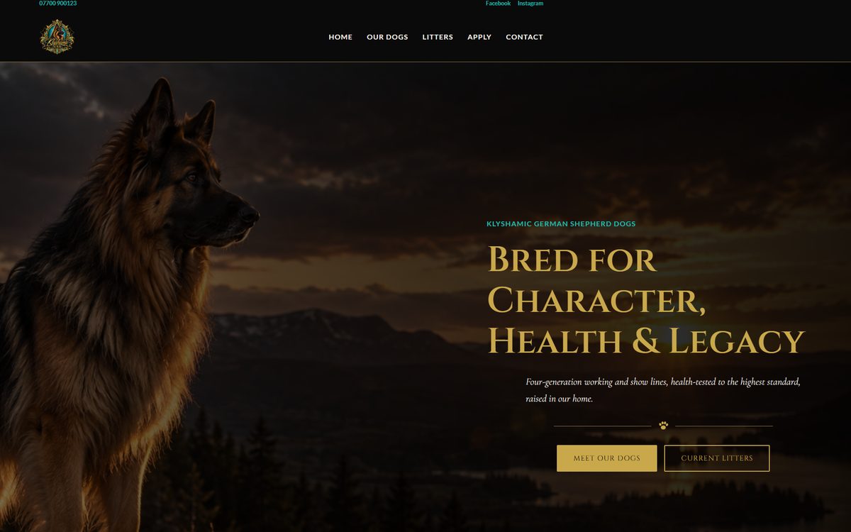 Home page of the Klyshamic German Shepherds website, showing a German Shepherd at dusk