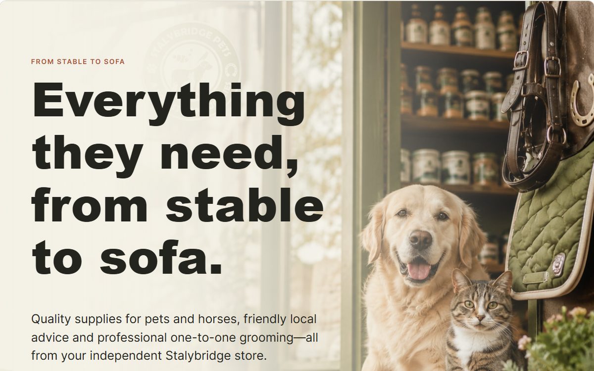 Home page of the Stalybridge Pets and Aquatics website, showing a dog and a cat in a shop doorway