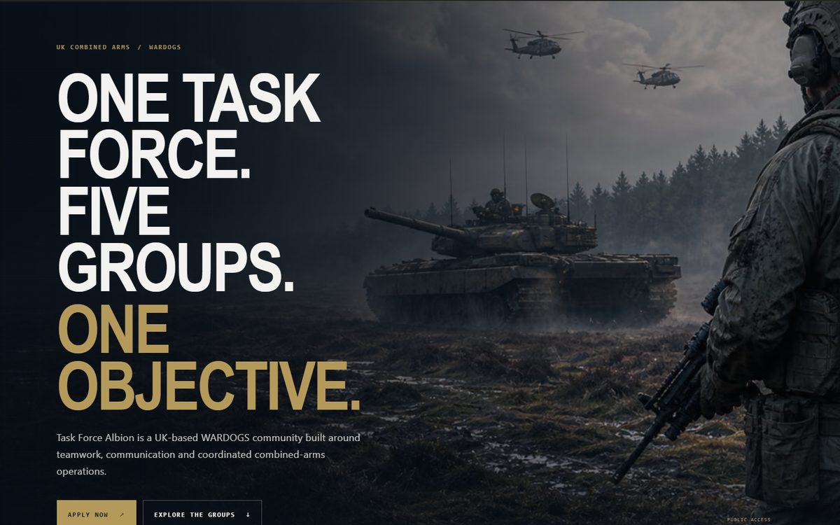 Home page of the Task Force Albion website, showing a tank in a misty field
